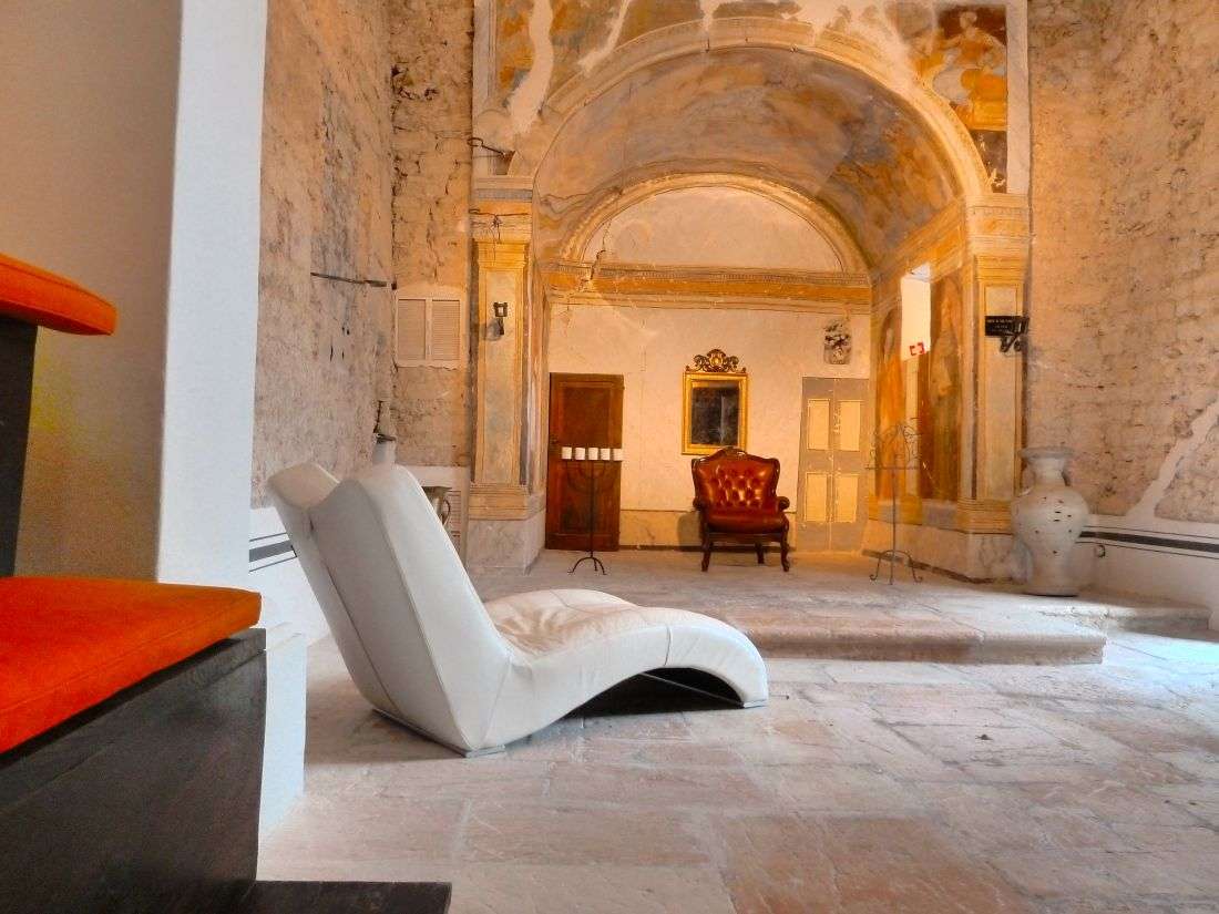 Interior of San Flaviano monastery, grief retreat space Umbria Italy
