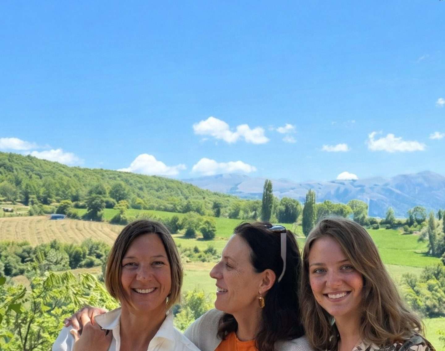 The Healing Trauma Retreat team — Viktoria, Tess Hunneybell and Eszter — at San Flaviano monastery, Umbria, Italy