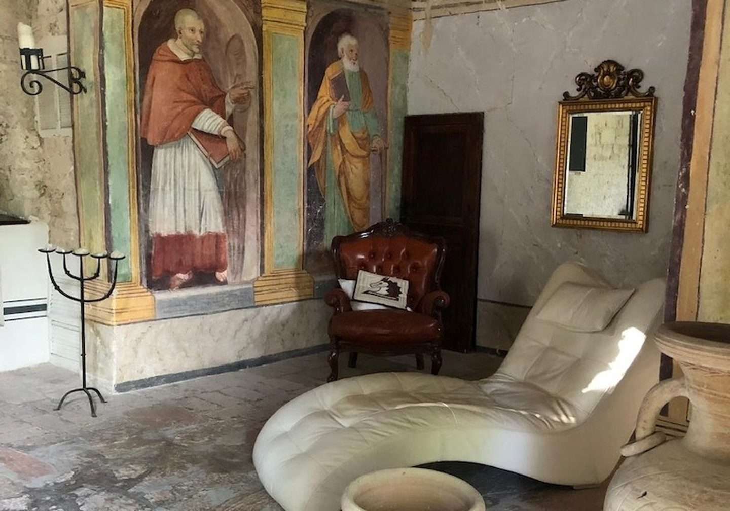 Private one-to-one therapy room at San Flaviano monastery with 15th-century frescoes, Umbria, Italy